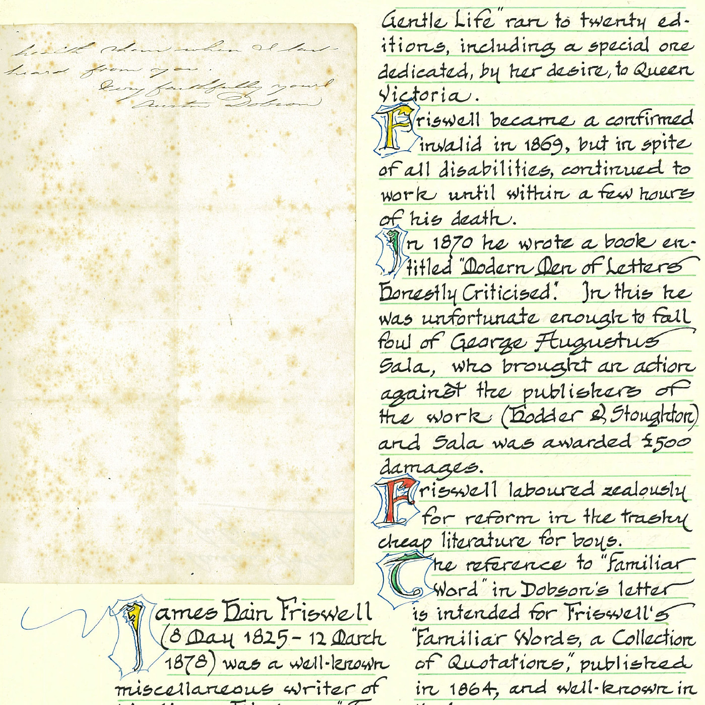 Letter from Austin Dobson to James Hain Friswell