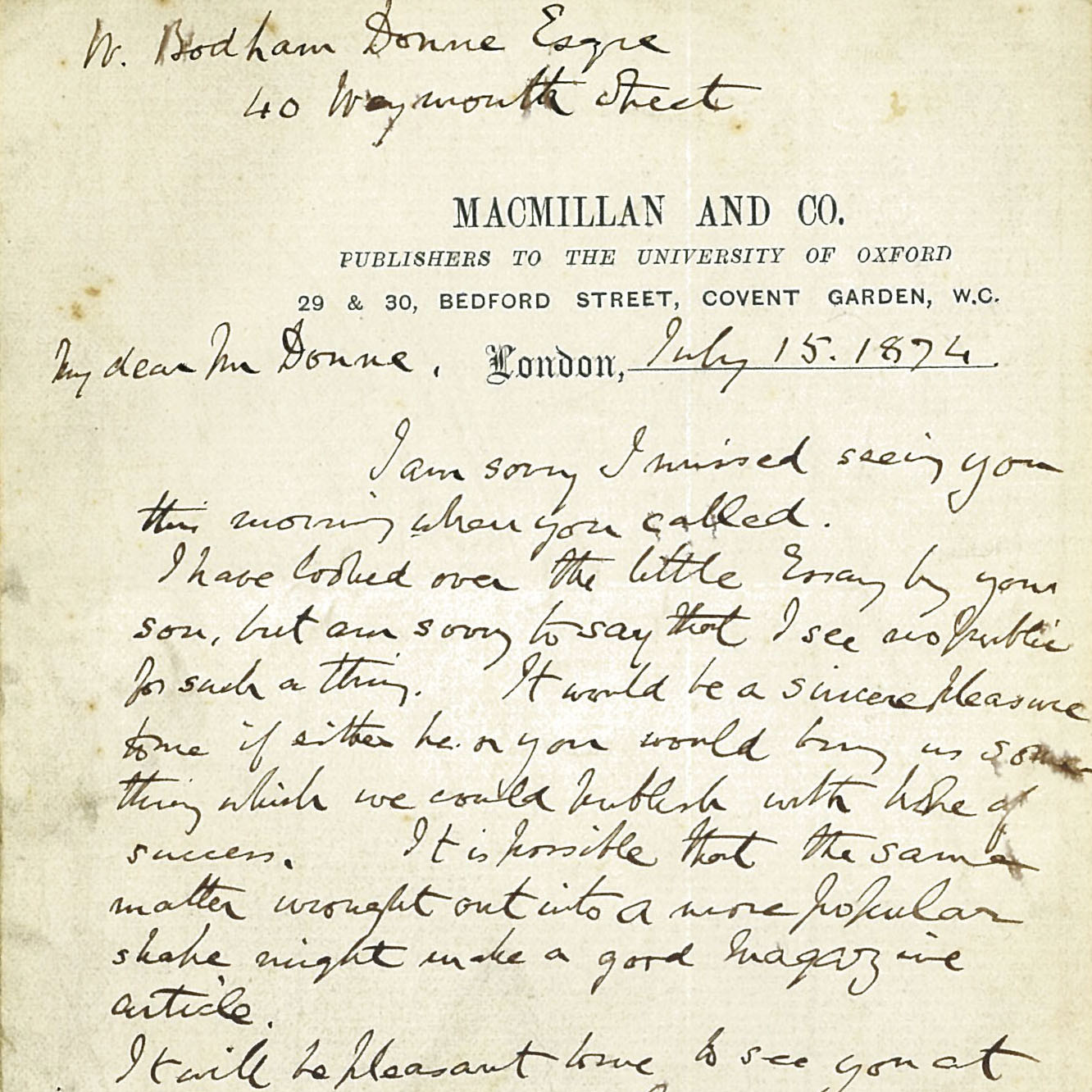 Letter from Alexander MacMillan to William Bodham Donne