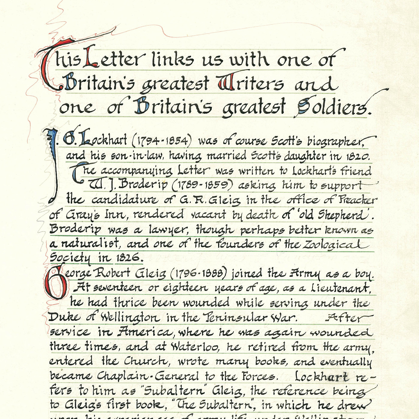 Letter from J. G. Lockhart to W. J. Boderip