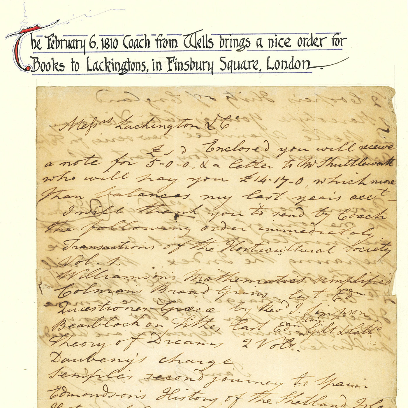 An order for Lackington's Bookshop