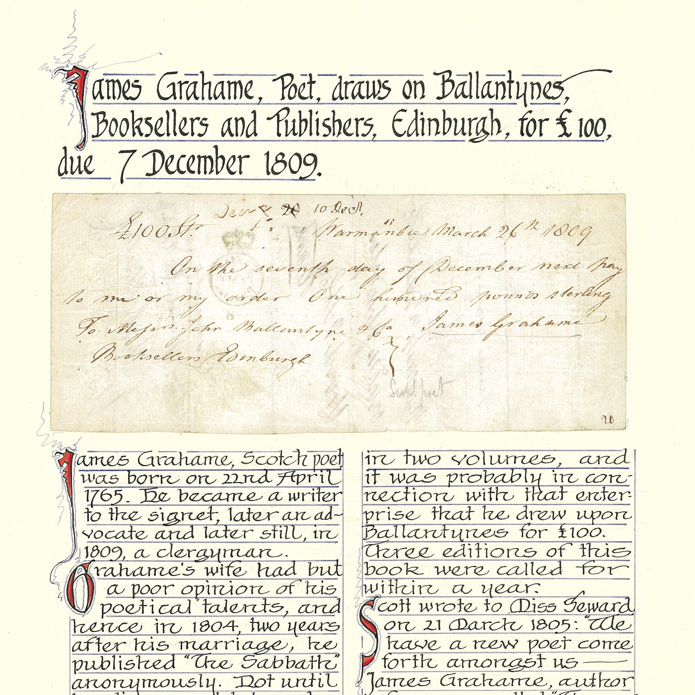 Note from James Grahame to Ballantynes Booksellers