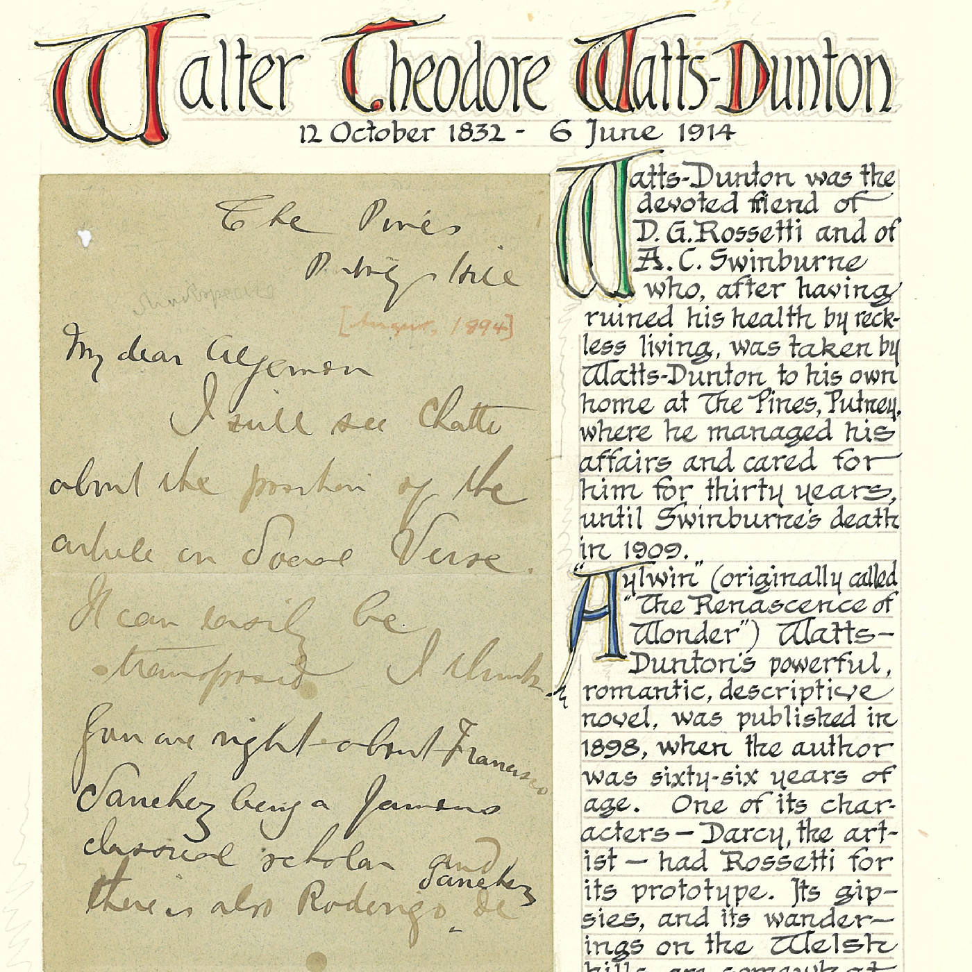 Letter from Theodore Watts-Dunton to A.C. Swinburne