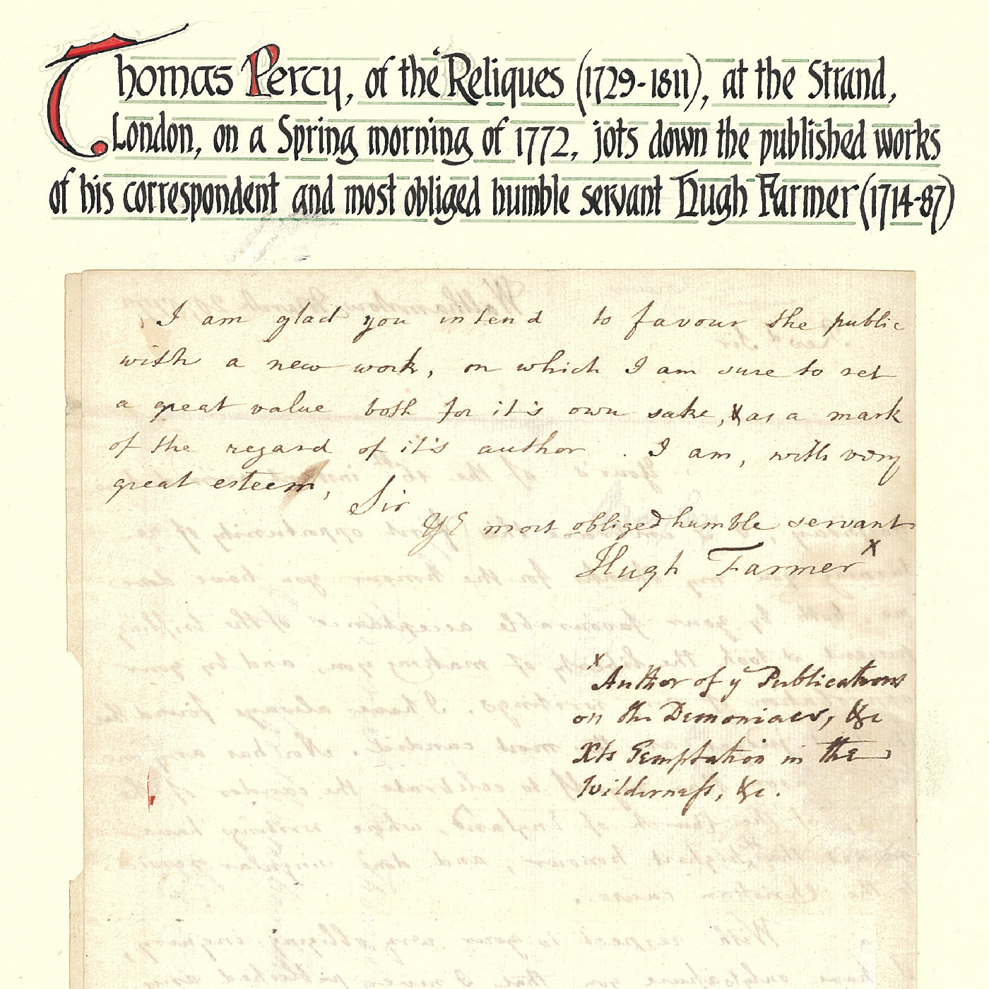 Letter from Hugh Farmer to Thomas Percy