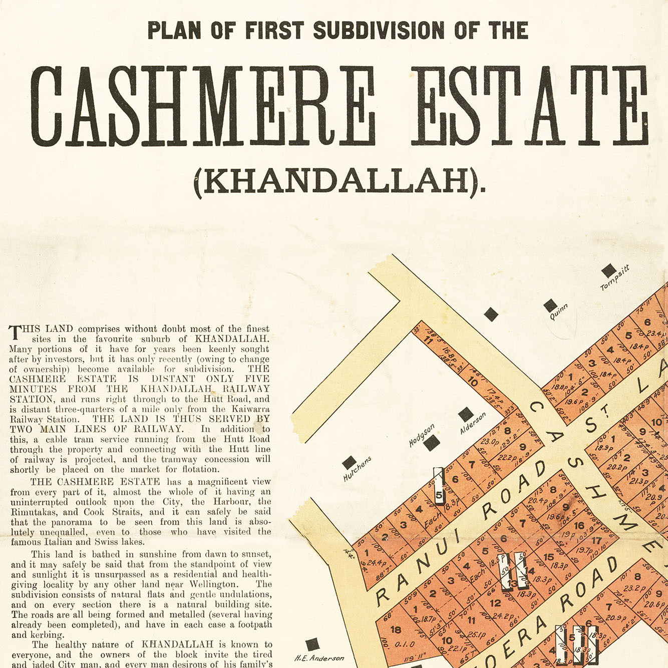 Plan of the First Subdivision of the Cashmere Estate (Khandallah)
