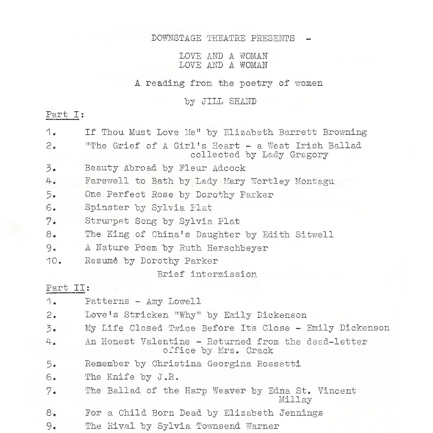 Downstage Theatre: "Love and a Woman" (poetry reading)