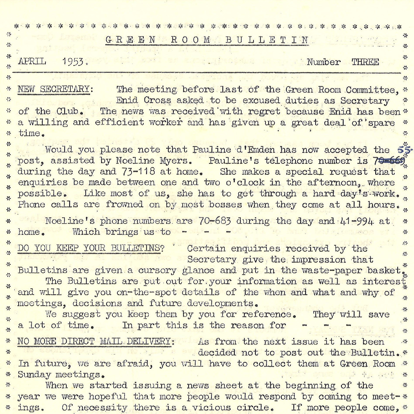 Green Room Bulletin 1953/3