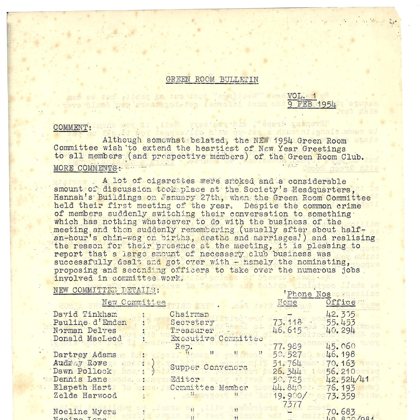 Green Room Bulletin 1954/1