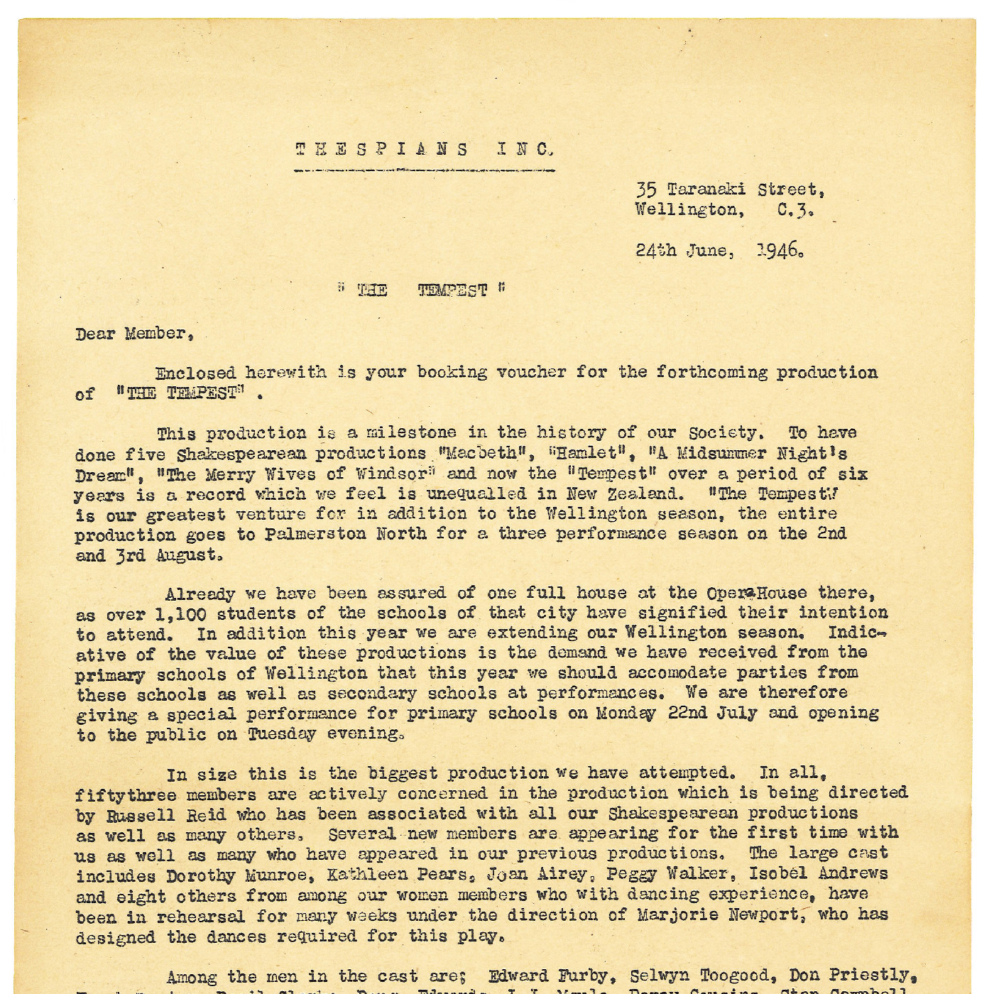 Thespians: letter to cast of "The Tempest" 