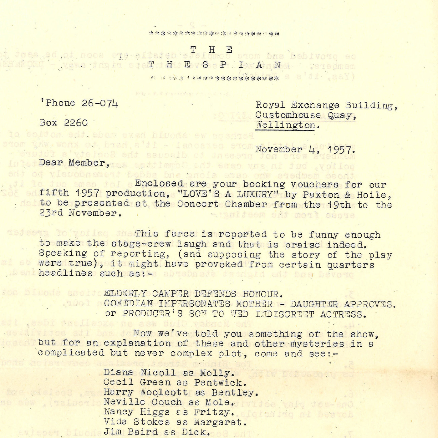 Thespians: documents relating to "Love's a Luxury"