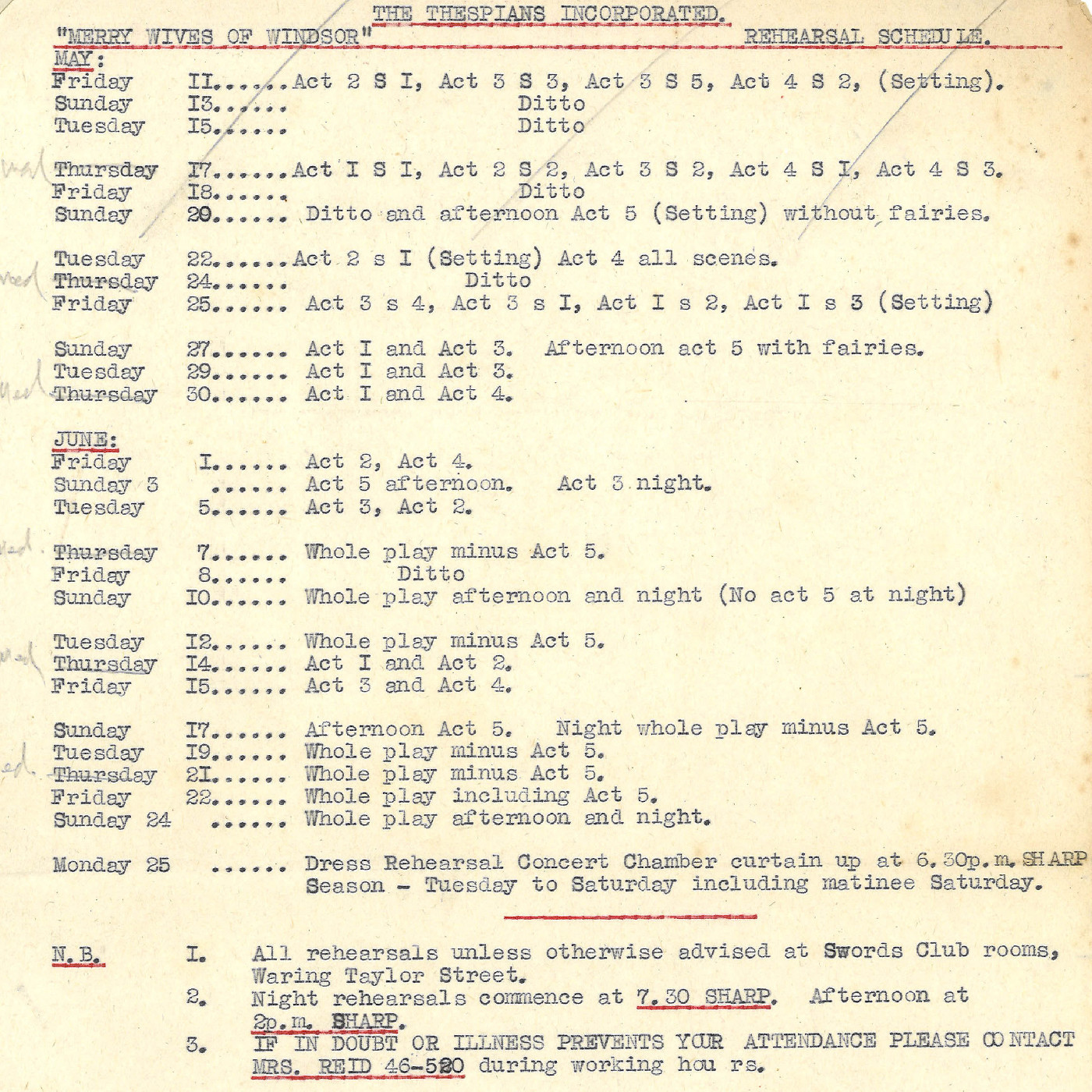 Thespians: documents relating to "Merry Wives of Windsor"