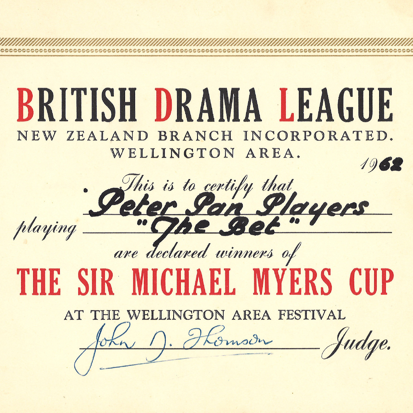 Awards won by the Peter Pan Players for "The Bet"