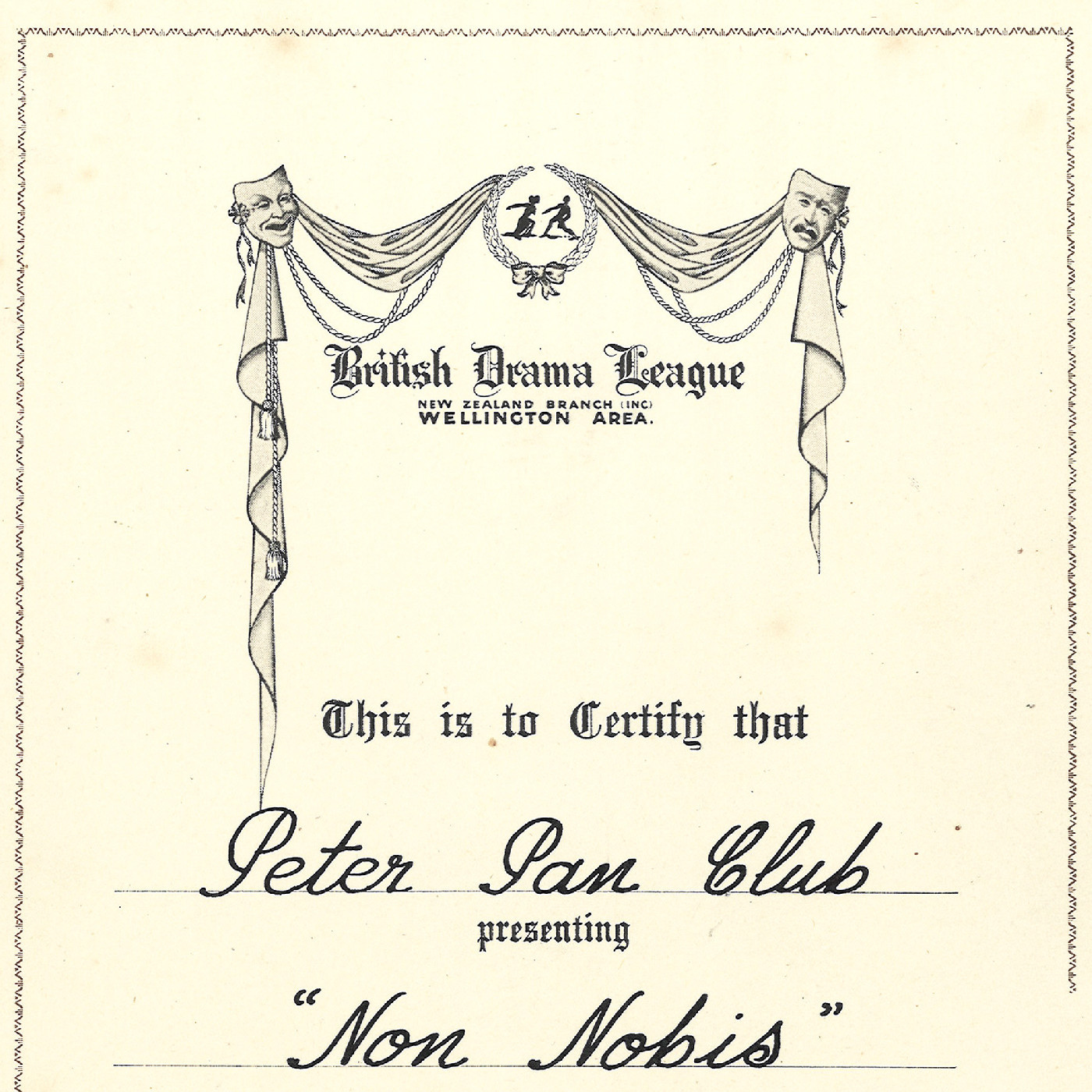 Certificate awarded to the Peter Pan Players for "Non Nobis"