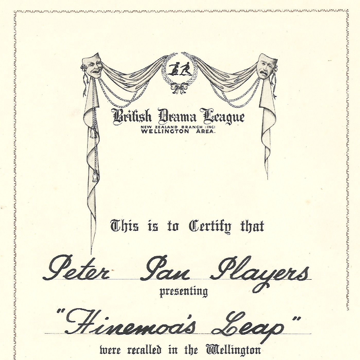 Certificate awarded to the Peter Pan Players for "Hinemoa's Leap"