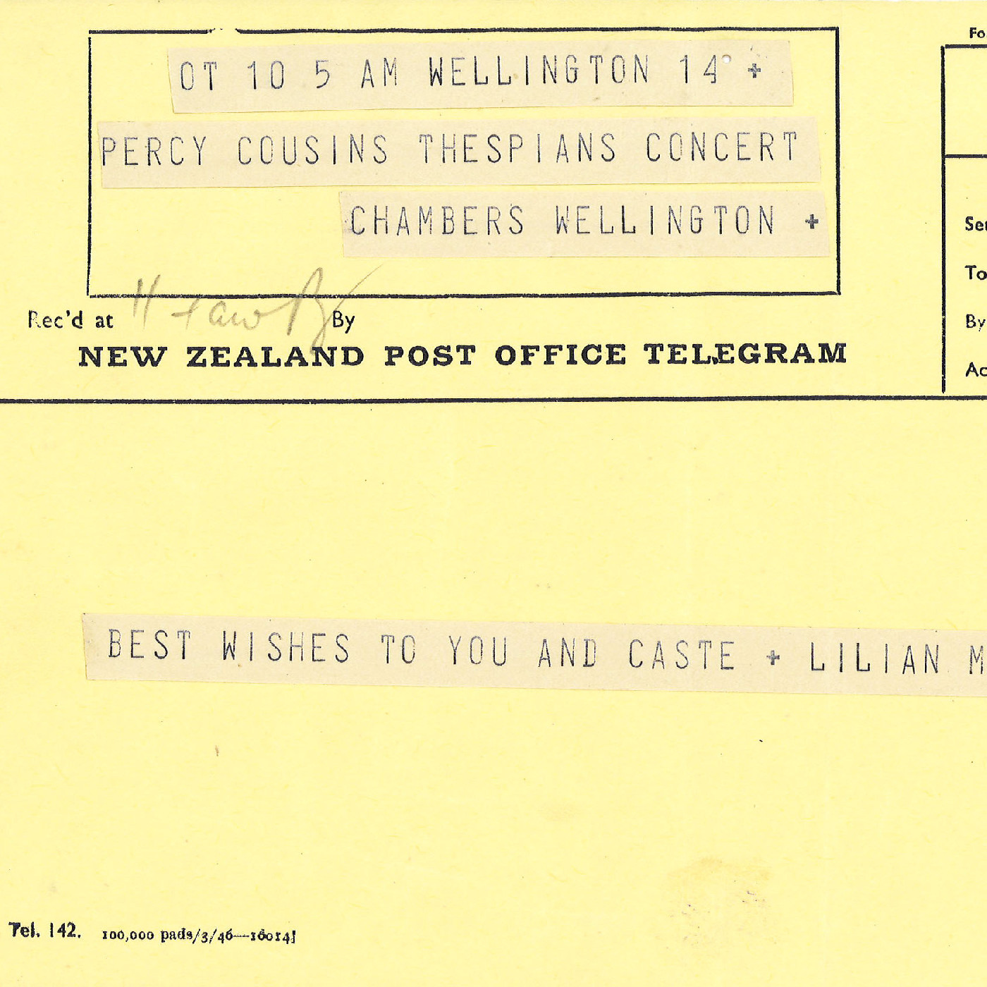 Telegrams sent to Thespians in 1947