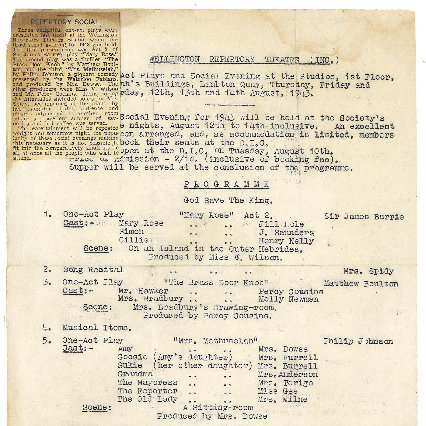 Wellington Repertory Theatre: Notices to members, 1940s