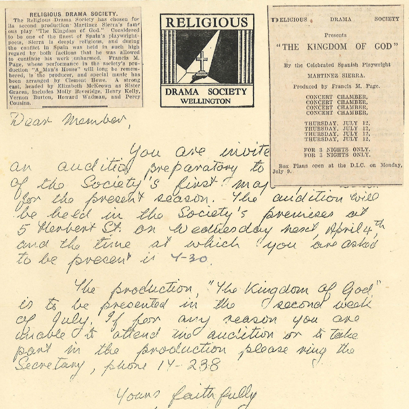 Member's letters from the Religious Drama Society