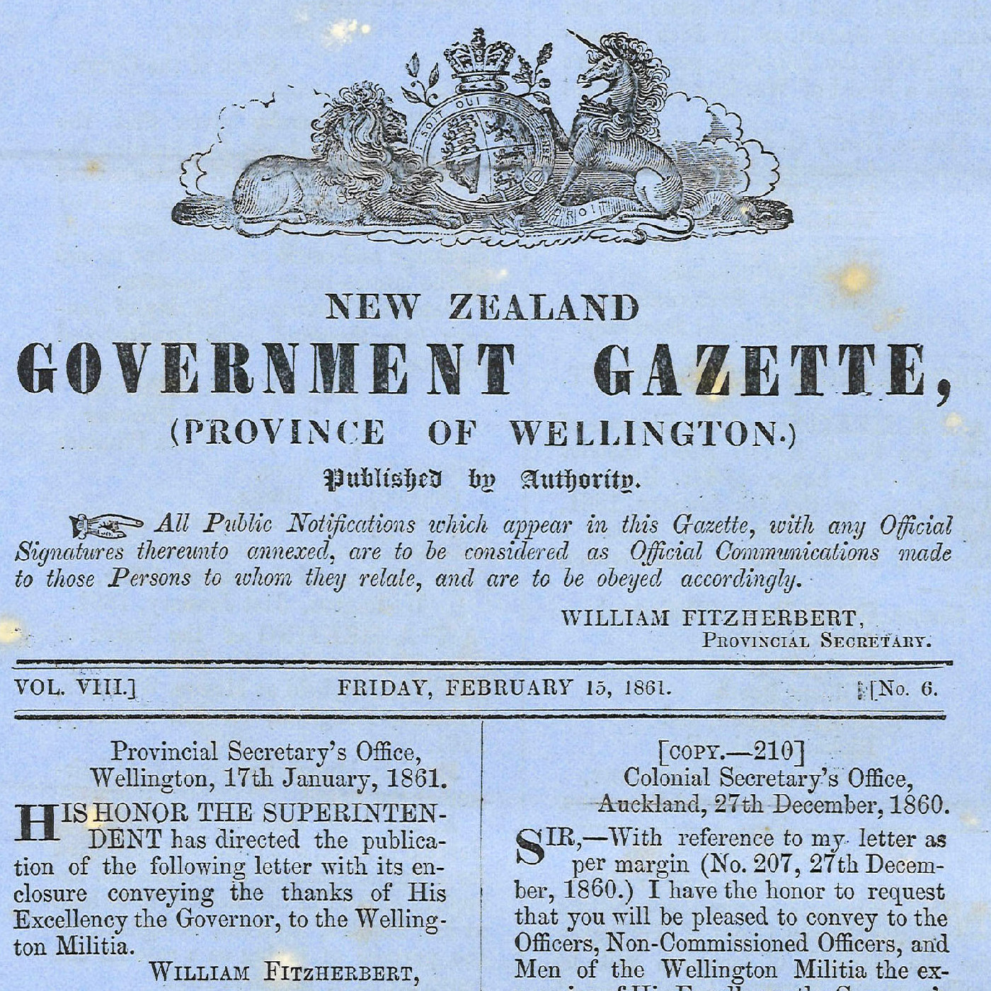 Wellington Provincial Council Gazette, Vol 8 (1861)