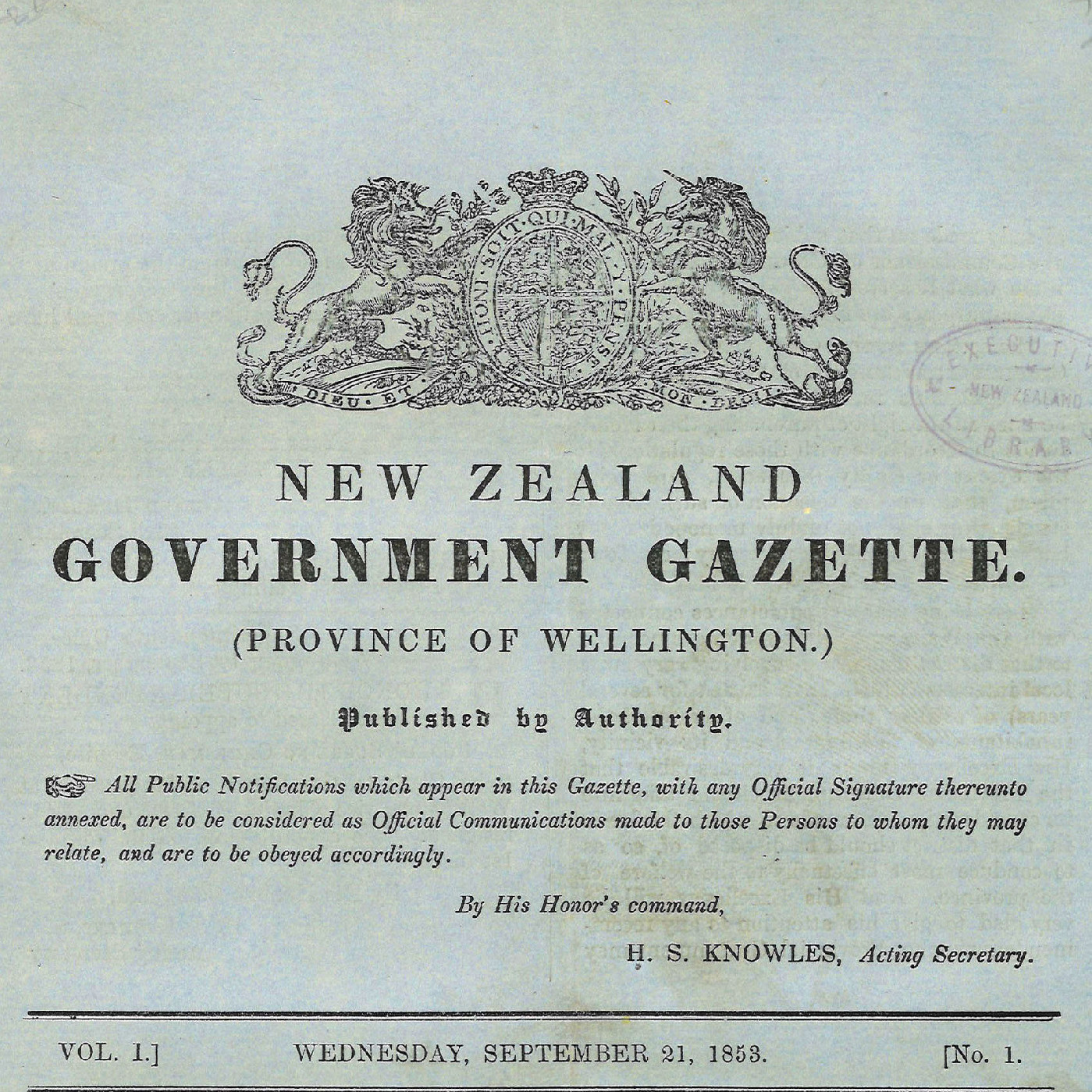 Wellington Provincial Council Gazette, Vol 1 (1853 - 1854)