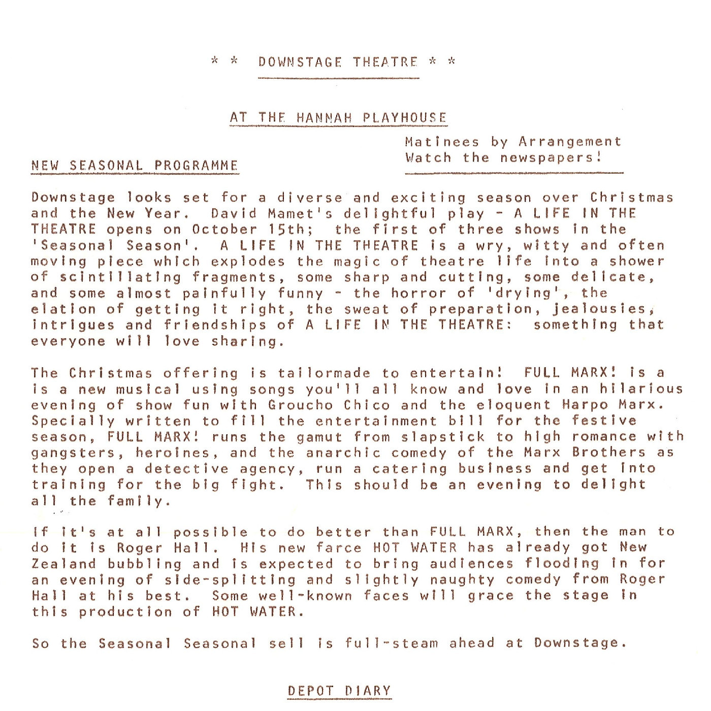 Downstage Theatre seasonal programme 