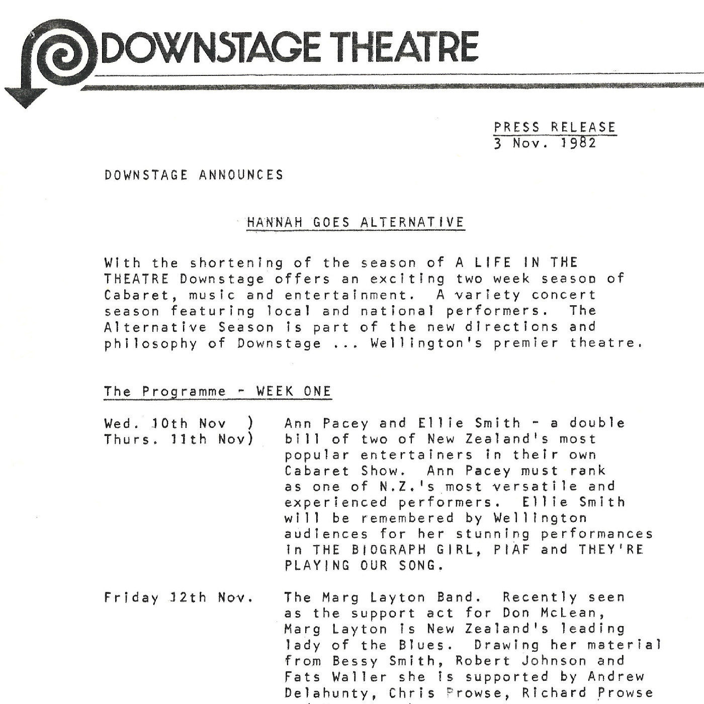 Downstage announces (Press Release 3 Nov. 1982)