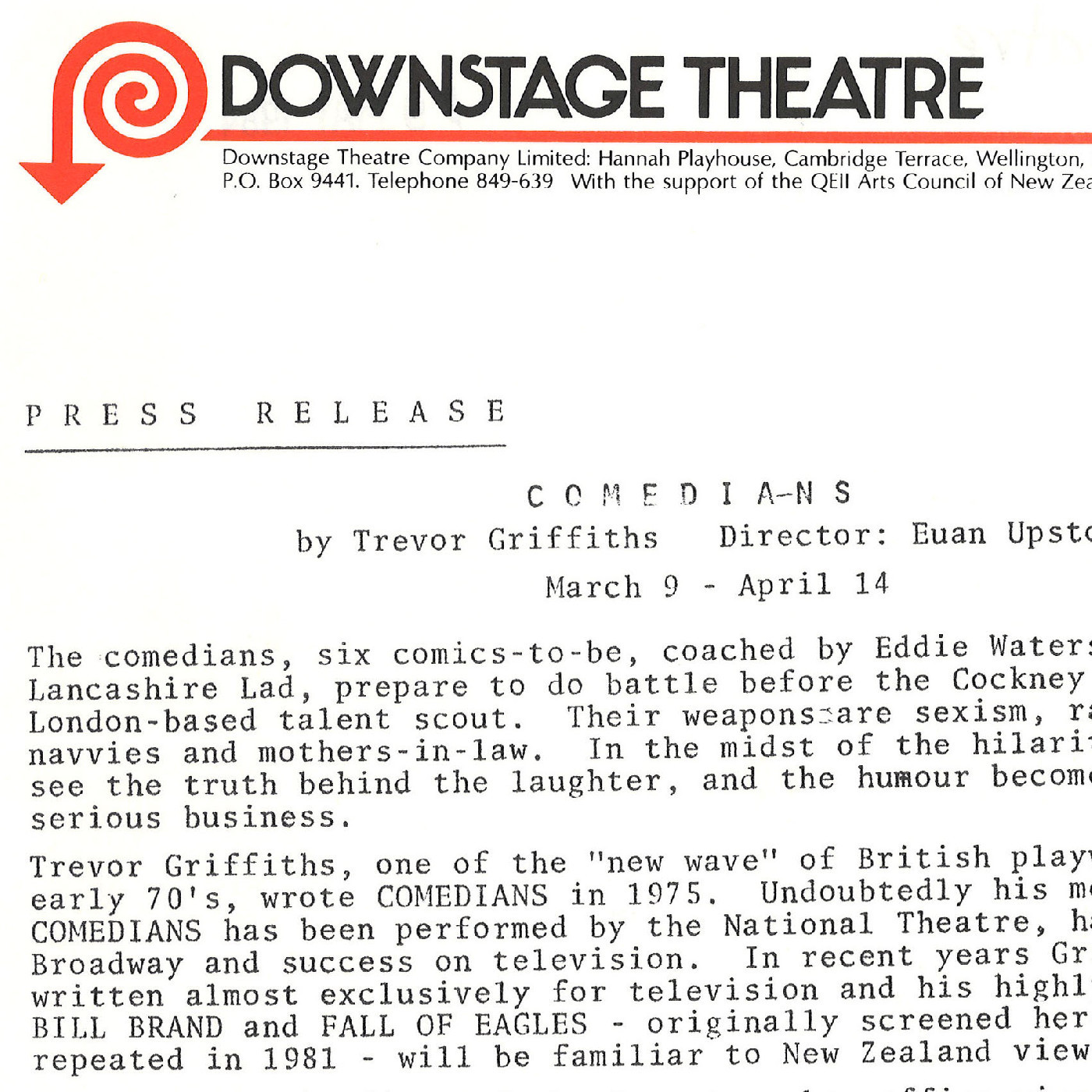 Downstage Theatre press release