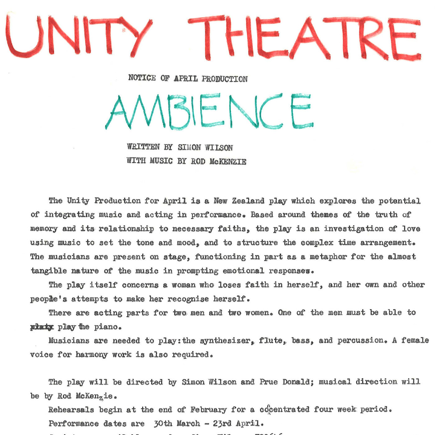 Unity Theatre, Notice of April Production