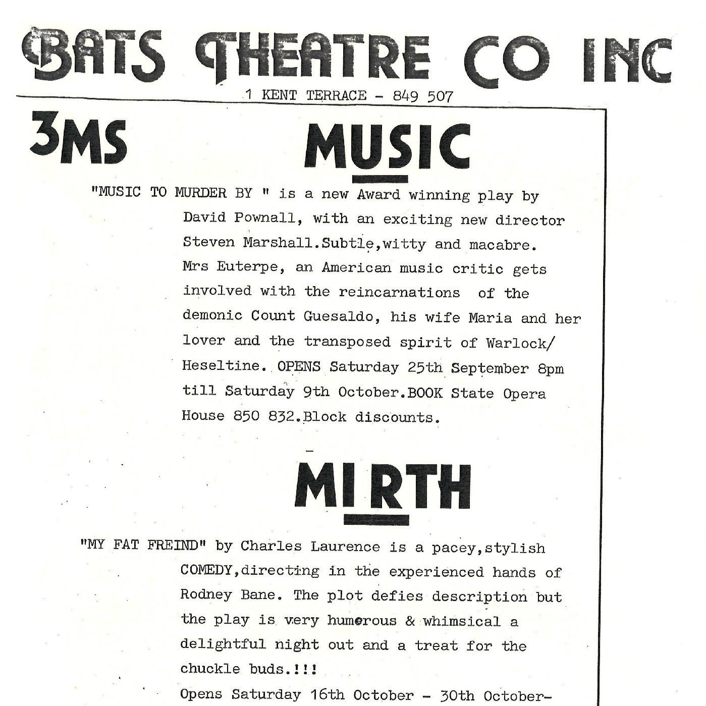 BATS Theatre Co: "Music, Mirth, and More"